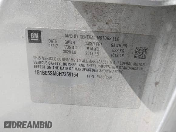 2017 Chevrolet Cruze LT z VIN 1G1BE5SM6H7269154, wystawiony jako IAAI lot #43217383 z przebiegiem 101 243 mil mil oraz . Historia ofert i sprzedaży dostępna na DreamBid. Obrazek 9.