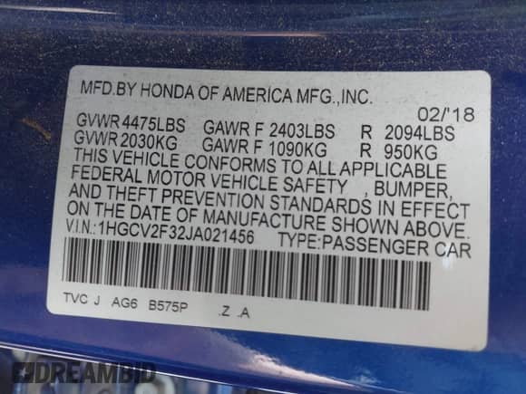 2018 Honda Accord Sport with VIN 1HGCV2F32JA021456, listed as a IAAI auction lot 43259412 with 125,844 mi miles and . Bid and sale history available at DreamBid. Image 9.