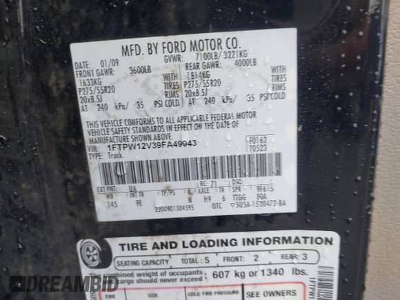 2009 Ford F-150 XL с VIN 1FTPW12V39FA49943, выставлен на аукционе IAAI как лот 43330263 с пробегом 332 635 миль миль и . История ставок и продаж доступна на DreamBid. Изображение 9.