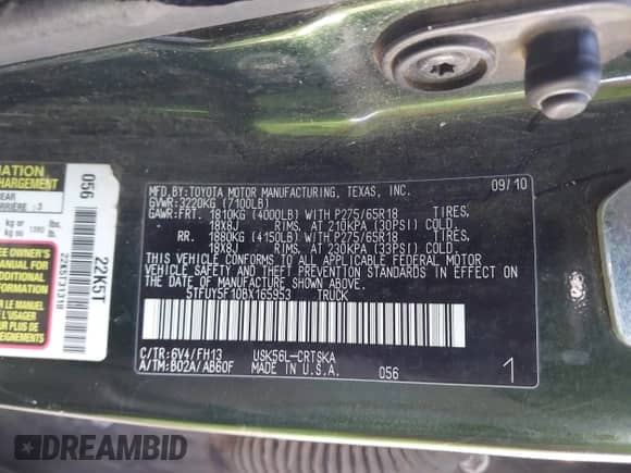 2011 Toyota Tundra с VIN 5TFUY5F10BX165953, выставлен на аукционе IAAI как лот 41533552 с пробегом 300 586 миль миль и . История ставок и продаж доступна на DreamBid. Изображение 9.