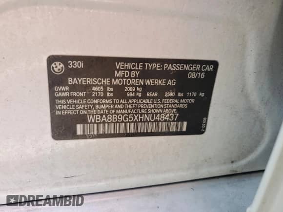 2017 BMW 3 Series 330i z VIN WBA8B9G5XHNU48437, wystawiony jako Copart lot #82297255 z przebiegiem 179 402 mil mil oraz Szkoda całkowita • Salvage title. Historia ofert i sprzedaży dostępna na DreamBid. Obrazek 12.