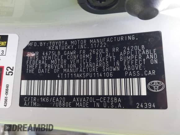 2023 Toyota Camry SE с VIN 4T1T11AK5PU114106, выставлен на аукционе IAAI как лот 42479046 с пробегом 25 073 миль миль и . История ставок и продаж доступна на DreamBid. Изображение 9.