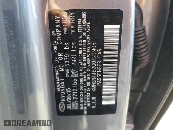 2016 Hyundai Genesis 3.8L с VIN KMHGN4JE2GU121905, выставлен на аукционе Copart как лот 81854375 с пробегом 98 603 миль миль и Списание • Salvage title. История ставок и продаж доступна на DreamBid. Изображение 12.