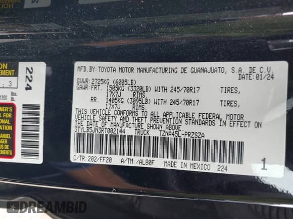 2024 Toyota Tacoma SR5 z VIN 3TYLB5JN3RT002144, wystawiony jako IAAI lot #42727494 z przebiegiem 20 489 mil mil oraz . Historia ofert i sprzedaży dostępna na DreamBid. Obrazek 9.