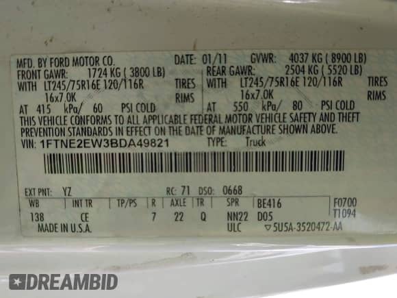 2011 Ford Econoline Cargo Commercial с VIN 1FTNE2EW3BDA49821, выставлен на аукционе IAAI как лот 42442766 с пробегом Не указан миль и . История ставок и продаж доступна на DreamBid. Изображение 9.