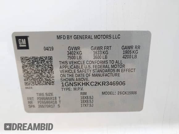 2019 Chevrolet Suburban LT z VIN 1GNSKHKC2KR346906, wystawiony jako IAAI lot #43413672 z przebiegiem 132 165 mil mil oraz . Historia ofert i sprzedaży dostępna na DreamBid. Obrazek 9.