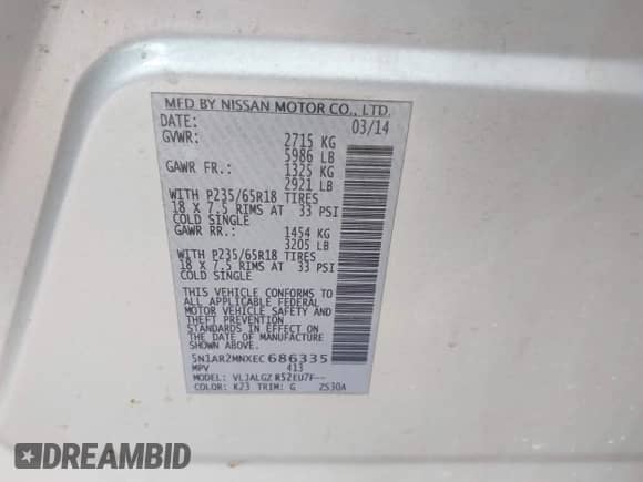 2014 Nissan Pathfinder Platinum with VIN 5N1AR2MNXEC686335, listed as a IAAI auction lot 42609936 with 180,720 mi miles and . Bid and sale history available at DreamBid. Image 9.