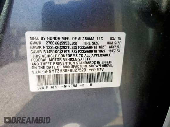 2015 Honda Pilot SE with VIN 5FNYF3H30FB027520, listed as a Copart auction lot 80857235 with 290,883 mi miles and Salvage title. Bid and sale history available at DreamBid. Image 13.