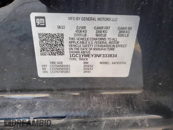 2022 Chevrolet Silverado 2500 с VIN 1GC1YMEY3NF333834, выставлен на аукционе Copart как лот 85313934 с пробегом 36 546 миль миль и Списание • Salvage title. История ставок и продаж доступна на DreamBid. Изображение 13.