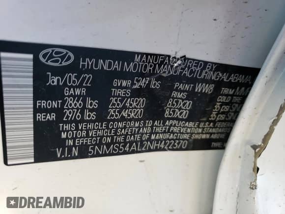 2022 Hyundai Santa Fe Calligraphy with VIN 5NMS54AL2NH422370, listed as a Copart auction lot 71980322 with 11,053 mi miles and . Bid and sale history available at DreamBid. Image 15.