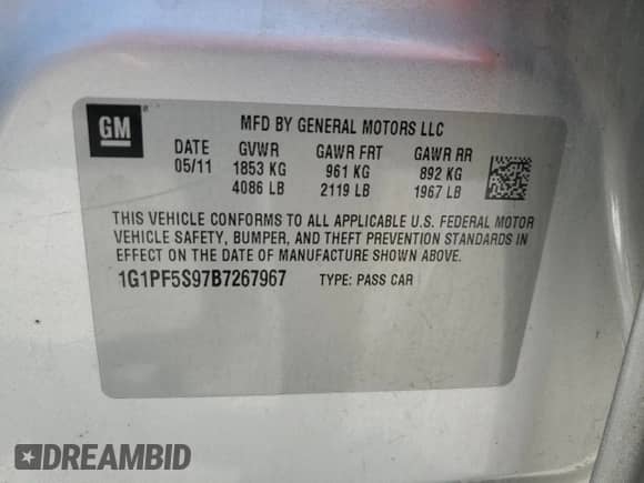 2011 Chevrolet Cruze 1LT z VIN 1G1PF5S97B7267967, wystawiony jako Copart lot #80384425 z przebiegiem 122 848 mil mil oraz Czysty tytuł • Clean title. Historia ofert i sprzedaży dostępna na DreamBid. Obrazek 13.