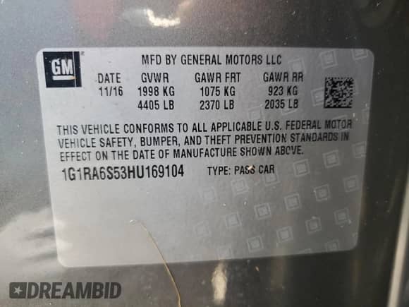 2017 Chevrolet Volt LT z VIN 1G1RA6S53HU169104, wystawiony jako Copart lot #49737903 z przebiegiem Nie podano mil oraz . Historia ofert i sprzedaży dostępna na DreamBid. Obrazek 13.