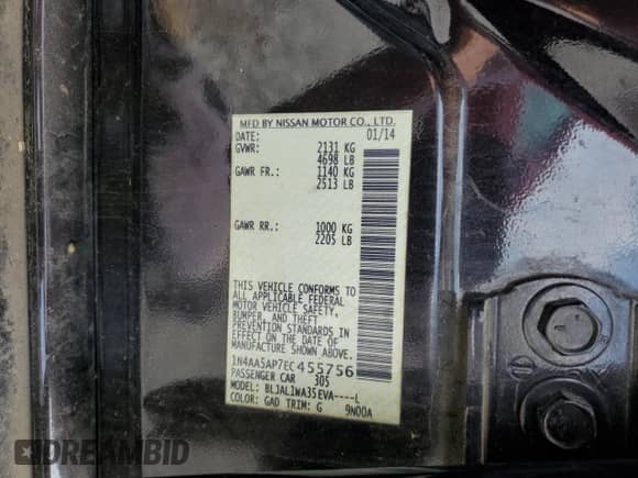 2014 Nissan Maxima SV z VIN 1N4AA5AP7EC455756, wystawiony jako Copart lot #81637345 z przebiegiem Nie podano mil oraz Szkoda całkowita • Salvage title. Historia ofert i sprzedaży dostępna na DreamBid. Obrazek 12.