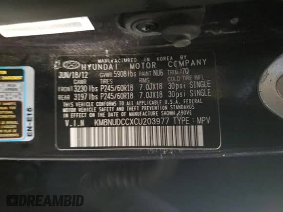 2012 Hyundai Veracruz Limited с VIN KM8NUDCCXCU203977, выставлен на аукционе Copart как лот 87242004 с пробегом Не указан миль и Списание • Salvage title. История ставок и продаж доступна на DreamBid. Изображение 14.