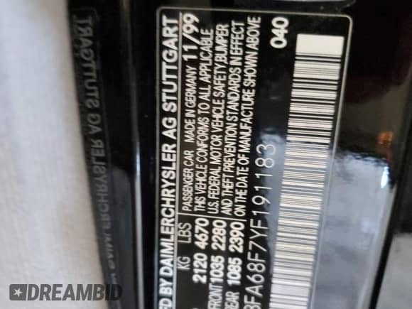 2000 Mercedes-Benz SL 500 with VIN WDBFA68F7YF191183, listed as a Copart auction lot 66495365 with 52,389 mi miles and Salvage title. Bid and sale history available at DreamBid. Image 12.