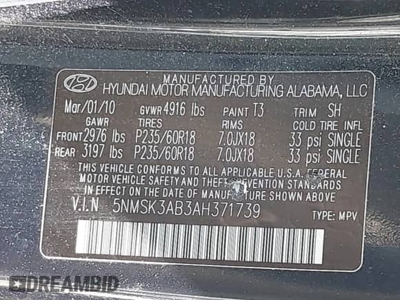 2010 Hyundai Santa Fe Limited with VIN 5NMSK3AB3AH371739, listed as a IAAI auction lot 42135560 with 136,459 mi miles and . Bid and sale history available at DreamBid. Image 9.