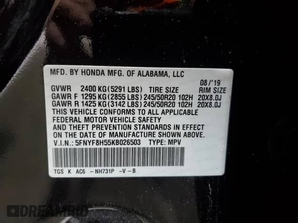 2019 Honda Passport EX-L with VIN 5FNYF8H55KB026503, listed as a Copart auction lot 61777175 with 41,294 mi miles and Salvage title. Bid and sale history available at DreamBid. Image 14.