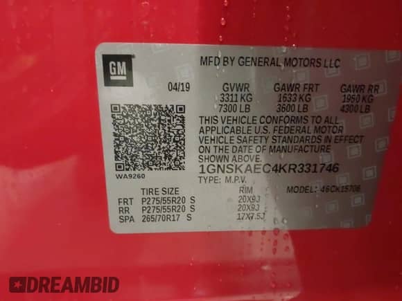 2019 Chevrolet Tahoe LS with VIN 1GNSKAEC4KR331746, listed as a IAAI auction lot 41946405 with 72,617 mi miles and . Bid and sale history available at DreamBid. Image 9.