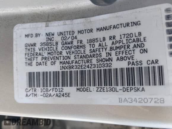 2004 Toyota Corolla CE с VIN 1NXBR32E24Z310332, выставлен на аукционе IAAI как лот 43365076 с пробегом 234 226 миль миль и . История ставок и продаж доступна на DreamBid. Изображение 9.