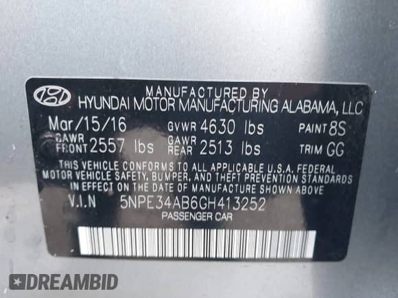 2016 Hyundai Sonata Sport z VIN 5NPE34AB6GH413252, wystawiony jako IAAI lot #43559132 z przebiegiem 99 565 mil mil oraz . Historia ofert i sprzedaży dostępna na DreamBid. Obrazek 9.