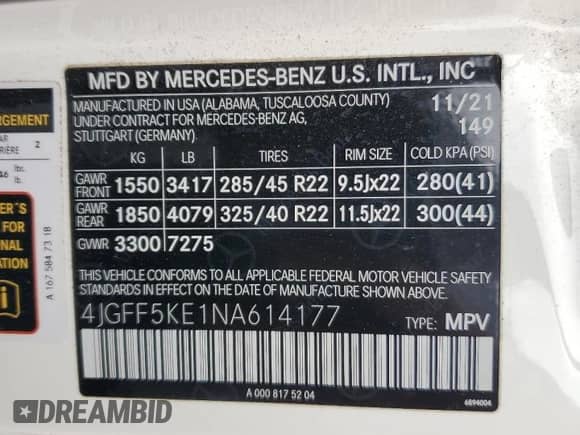 2022 Mercedes-Benz GLS 450 with VIN 4JGFF5KE1NA614177, listed as a Copart auction lot 70478995 with 27,822 mi miles and Salvage title. Bid and sale history available at DreamBid. Image 13.
