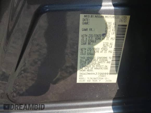 2015 Nissan Murano S с VIN 5N1AZ2MH4FN270099, выставлен на аукционе IAAI как лот 42415576 с пробегом 157 238 миль миль и . История ставок и продаж доступна на DreamBid. Изображение 9.