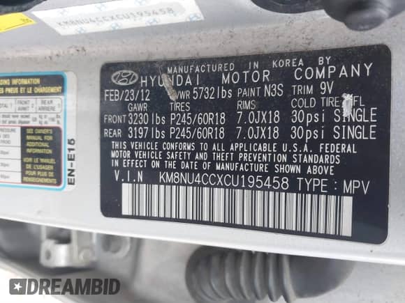 2012 Hyundai Veracruz Limited с VIN KM8NU4CCXCU195458, выставлен на аукционе IAAI как лот 41378578 с пробегом 224 646 миль миль и . История ставок и продаж доступна на DreamBid. Изображение 9.