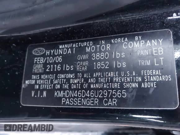 2006 Hyundai Elantra GLS with VIN KMHDN46D46U297565, listed as a IAAI auction lot 43250020 with 159,999 mi miles and . Bid and sale history available at DreamBid. Image 9.