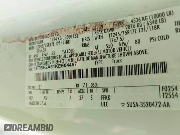 2019 Ford F-250 XL с VIN 1FTBF2A61KEE04467, выставлен на аукционе IAAI как лот 43422580 с пробегом 50 398 миль миль и . История ставок и продаж доступна на DreamBid. Изображение 9.