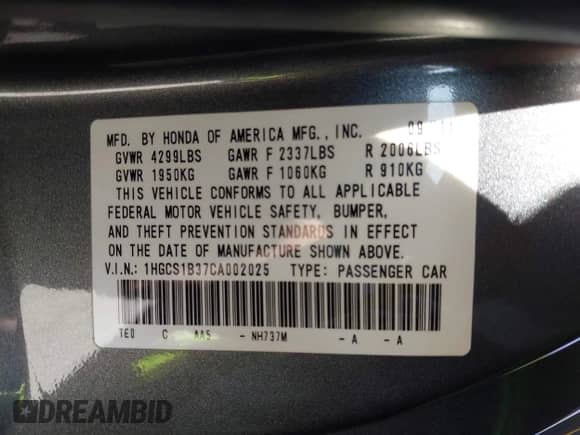 2012 Honda Accord LX-S with VIN 1HGCS1B37CA002025, listed as a IAAI auction lot 43146707 with 214,731 mi miles and . Bid and sale history available at DreamBid. Image 9.