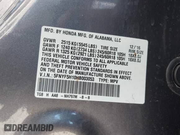 2017 Honda Pilot LX с VIN 5FNYF5H10HB003053, выставлен на аукционе IAAI как лот 43336847 с пробегом 54 727 миль миль и . История ставок и продаж доступна на DreamBid. Изображение 9.