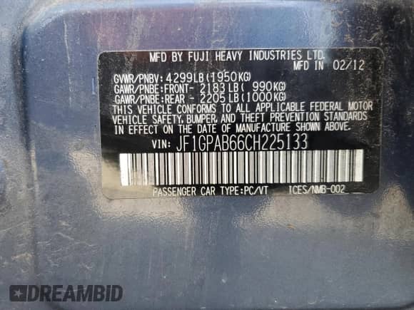 2012 Subaru Impreza Premium with VIN JF1GPAB66CH225133, listed as a Copart auction lot 85164255 with 231,515 mi miles and Salvage title. Bid and sale history available at DreamBid. Image 14.