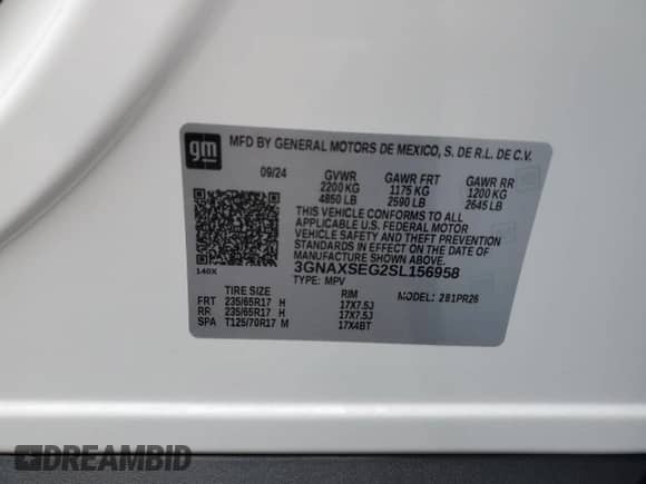 2025 Chevrolet Equinox AWD ACTIV с VIN 3GNAXSEG2SL156958, выставлен на аукционе Copart как лот 43549595 с пробегом 562 миль миль и Списание • Salvage title. История ставок и продаж доступна на DreamBid. Изображение 14.