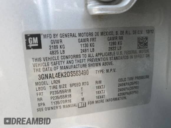 2013 Chevrolet Captiva Sport LTZ с VIN 3GNAL4EK2DS563490, выставлен на аукционе Copart как лот 69373315 с пробегом 122 394 миль миль и Списание • Salvage title. История ставок и продаж доступна на DreamBid. Изображение 13.