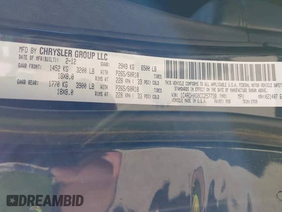2012 Dodge Durango SXT with VIN 1C4RDHAG8CC257738, listed as a IAAI auction lot 43450056 with 238,081 mi miles and . Bid and sale history available at DreamBid. Image 9.