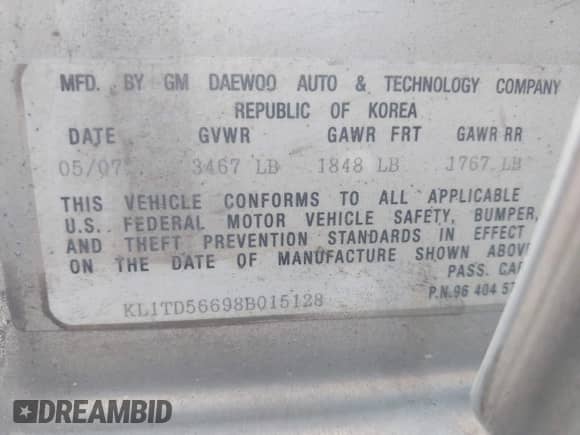 2008 Chevrolet Aveo LS with VIN KL1TD56698B015128, listed as a IAAI auction lot 43499093 with 138,224 mi miles and . Bid and sale history available at DreamBid. Image 9.