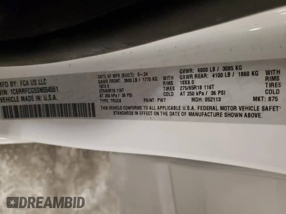2025 Ram 1500 Tradesman z VIN 1C6RRFCG5SN554561, wystawiony jako Copart lot #70898475 z przebiegiem 5 751 mil mil oraz Szkoda całkowita • Salvage title. Historia ofert i sprzedaży dostępna na DreamBid. Obrazek 12.