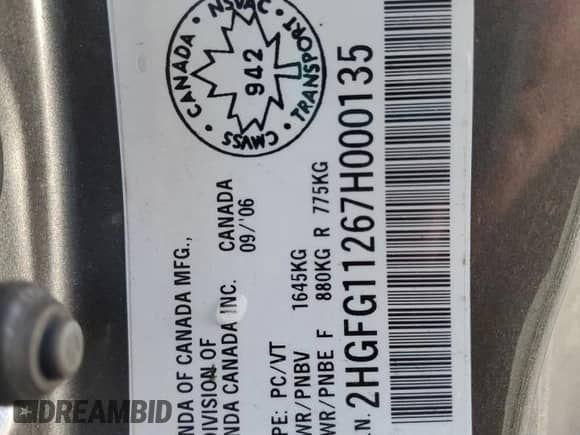 2007 Honda Civic with VIN 2HGFG11267H000135, listed as a Copart auction lot 41365475 with 168,963 mi miles and Clean title. Bid and sale history available at DreamBid. Image 12.