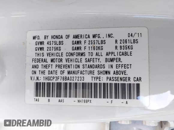 2011 Honda Accord EX z VIN 1HGCP3F76BA027233, wystawiony jako IAAI lot #42328452 z przebiegiem 70 380 mil mil oraz . Historia ofert i sprzedaży dostępna na DreamBid. Obrazek 9.