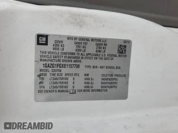 2014 Chevrolet Express Passenger LT with VIN 1GAZG1FGXE1157798, listed as a Copart auction lot 64301595 with 272,982 mi miles and Clean title. Bid and sale history available at DreamBid. Image 14.