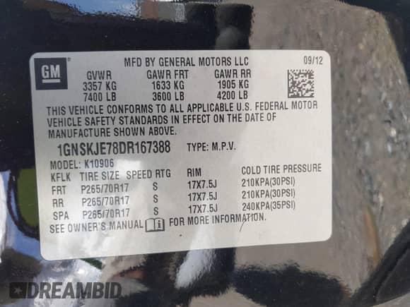 2013 Chevrolet Suburban LT z VIN 1GNSKJE78DR167388, wystawiony jako IAAI lot #43192168 z przebiegiem 84 463 mil mil oraz . Historia ofert i sprzedaży dostępna na DreamBid. Obrazek 9.