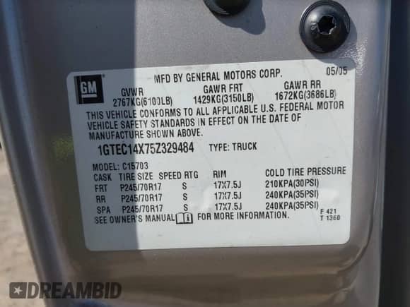 2005 GMC Sierra 1500 Work Truck z VIN 1GTEC14X75Z329484, wystawiony jako IAAI lot #42024970 z przebiegiem 193 068 mil mil oraz . Historia ofert i sprzedaży dostępna na DreamBid. Obrazek 9.