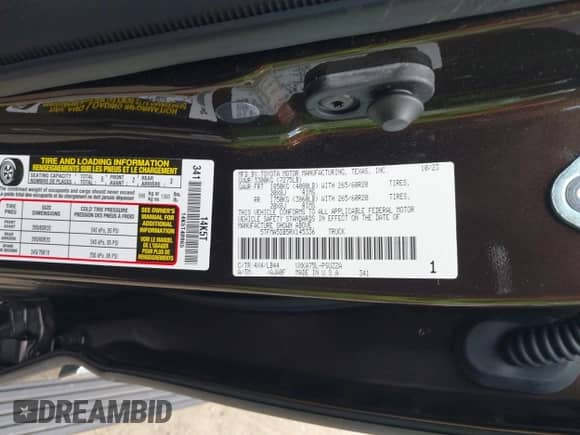 2024 Toyota Tundra 1794 Edition with VIN 5TFMA5DB5RX145336, listed as a IAAI auction lot 42203766 with 16,781 mi miles and . Bid and sale history available at DreamBid. Image 9.