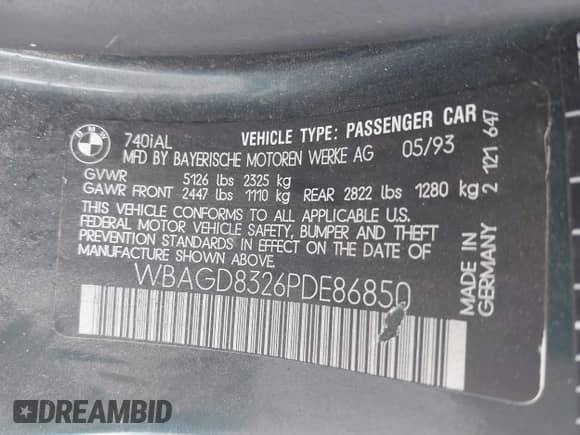 1993 BMW 7 Series with VIN WBAGD8326PDE86850, listed as a IAAI auction lot 43045787 with Not provided miles and . Bid and sale history available at DreamBid. Image 9.