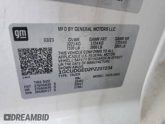 2023 Chevrolet Silverado 1500 LTZ with VIN 1GCUDGED2PZ237234, listed as a Copart auction lot 70644835 with 110,546 mi miles and Salvage title. Bid and sale history available at DreamBid. Image 12.