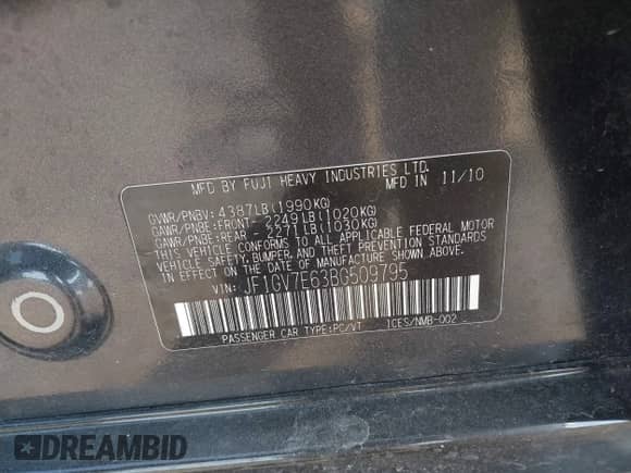 2011 Subaru WRX WRX with VIN JF1GV7E63BG509795, listed as a IAAI auction lot 42893334 with 115,627 mi miles and . Bid and sale history available at DreamBid. Image 9.