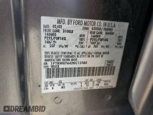 2002 Ford F-150 XLT с VIN 1FTRW07642KC13380, выставлен на аукционе Copart как лот 81409595 с пробегом 251 387 миль миль и Списание • Salvage title. История ставок и продаж доступна на DreamBid. Изображение 12.