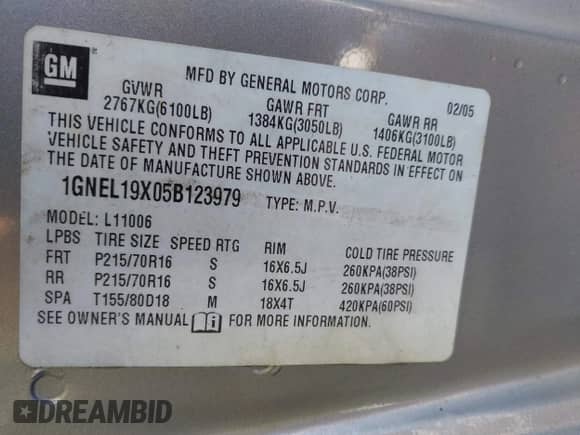 2005 Chevrolet Astro with VIN 1GNEL19X05B123979, listed as a IAAI auction lot 41525905 with Not provided miles and . Bid and sale history available at DreamBid. Image 9.