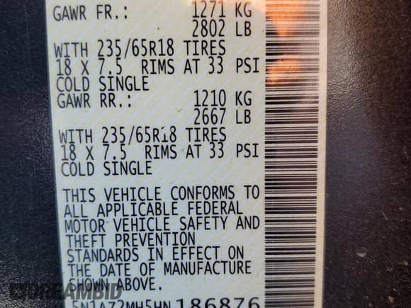 2017 Nissan Murano S with VIN 5N1AZ2MH5HN186876, listed as a Copart auction lot 64136765 with 138,474 mi miles and Salvage title. Bid and sale history available at DreamBid. Image 14.