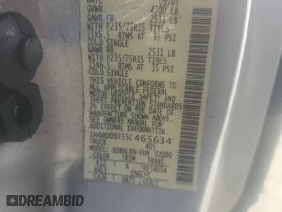 2005 Nissan Frontier XE with VIN 1N6BD06T55C465634, listed as a Copart auction lot 65391975 with Not provided miles and Salvage title. Bid and sale history available at DreamBid. Image 12.